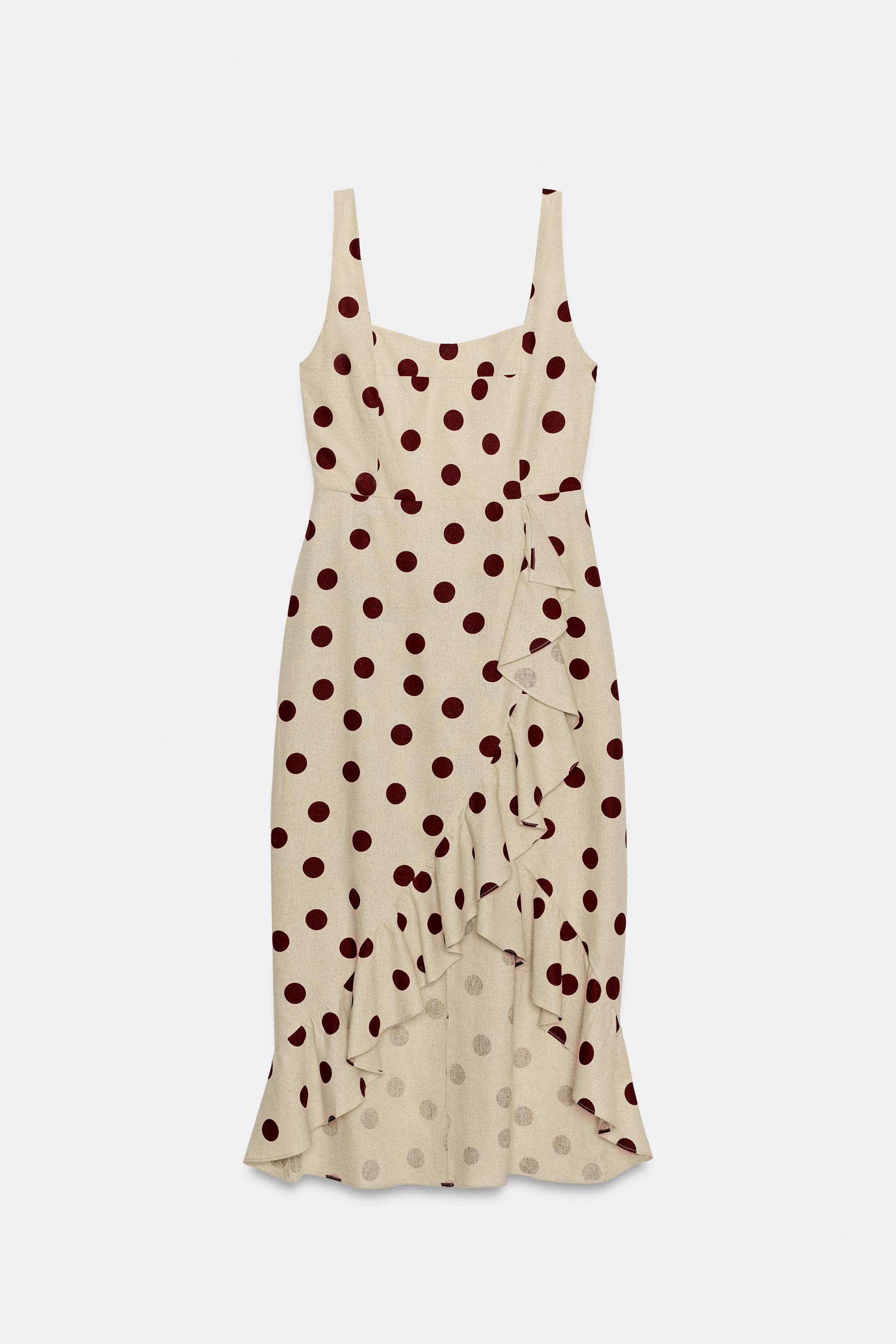 LINEN BLEND POLKA DOT MIDI DRESS